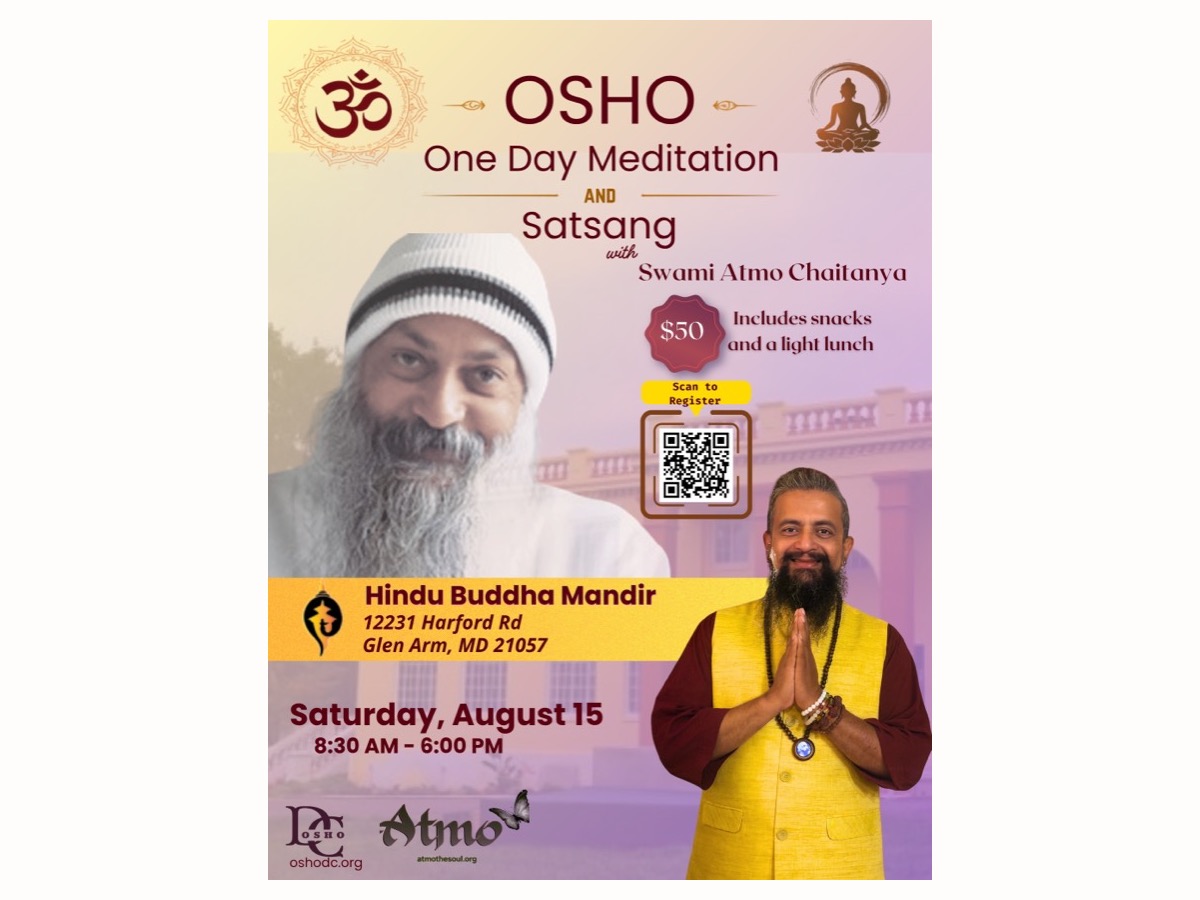 Flyer for Osho One Day Meditation and Satsang with Swami Atmo Chaitanya on August 15, 2026